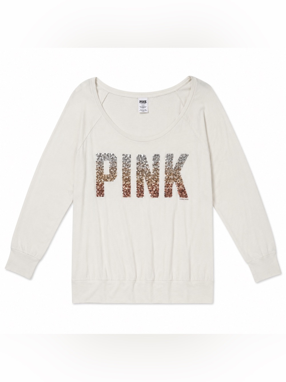 PINK Victoria’s Secret Sequin Logo Long Sleeve Top White Rose Gold Silver Large